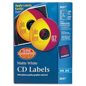 Avery 8691 Inkjet CD Labels, Matte White, 100/Pack