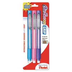 Pentel ZE21TBP3M Clic Eraser Pencil-Style Grip Eraser, Assorted, 3/Pack