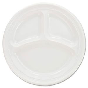 Dart 9CPWF Plastic Plates, 9 Inches, White, 3 Compartments, Round, 125/Pack