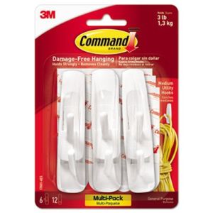 Command 170016ES General Purpose Hooks Multi-Pack, Medium, 3lb Cap, White, 6 Hooks & 12 Strips/PK