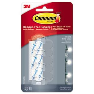 Command 17017CLRES Cord Clip, Round, 3/4"W, w/Adhesive, Clear, 4/Pack