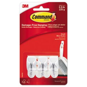 Command 17067ES General Purpose Wire Hooks, Small, 0.5lb Cap, White, 3 Hooks & 6 Strips/Pack