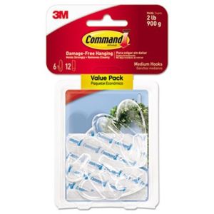 Command 17091CLR6ES Clear Hooks and Strips, Plastic, Medium, 6 Hooks and 12 Strips/Pack